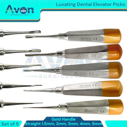 1.5, 2mm, 3mm, 4mm, 5mm, Straight Tipped Hollow Handle Root Extraction Elevators | Stainless Steel German | 5 Piece Bundle - Gold