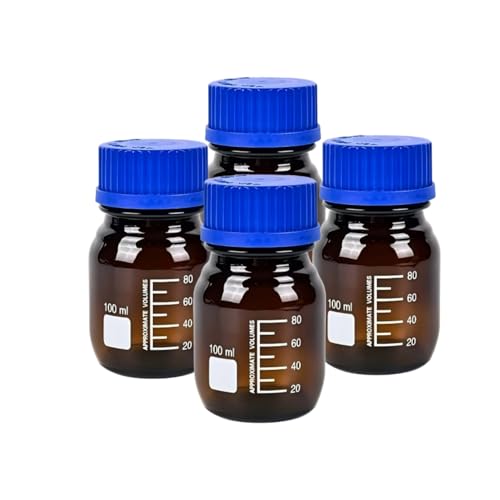 100ml Graduated Glass Round Media Storage Bottle with blue GL45 Screw Cap, Amber High Borosilicate Glass, Wide Mouth, Pack of 4 - color: Brown, size: 100ml