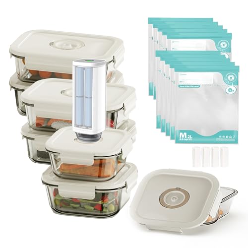 17PCS Vacuum Food Storage Containers Set with Electric Pump, 6 Borosilicate Glass Meal Prep Containers & 10 Reusable Vacuum Sealer Bags, BPA-Free for Meal Prep, Marinating & Sous Vide