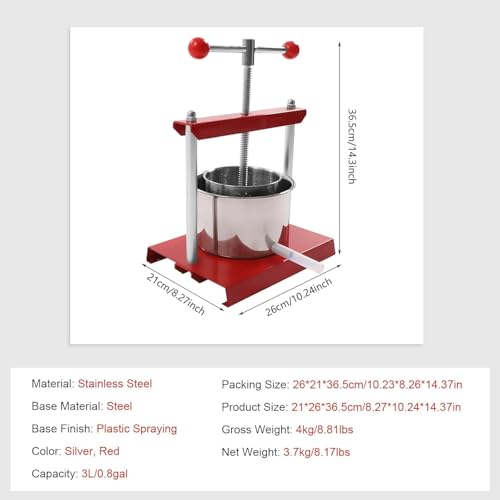 3L/0.8Gal Fruit Wine Press with 2 Stainless Steel Barrels,Cheese Tincture Herb Fruit Wine Manual Press, Honey Olive Oil Making Press with T-Handle,for Outdoor & Home Kitchen(Red)