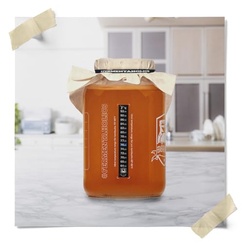 Printed Kombucha Jar Kit - 1 Gallon Glass Jar for Brewing Kombucha - Brew Notes Printed On Jar - Includes Muslin Cover, Rubber Band, & Marker - Lid Included for Storage - Perfect Home For Your SCOBY