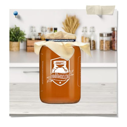 Printed Kombucha Jar Kit - 1 Gallon Glass Jar for Brewing Kombucha - Brew Notes Printed On Jar - Includes Muslin Cover, Rubber Band, & Marker - Lid Included for Storage - Perfect Home For Your SCOBY