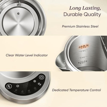 Cosori Stainless Steel Electric Kettle with Temperature Control, 1.7L | No Plastic Contact with Water, 5 Presets, ±5°F Temp Control, 60-Min Keep Warm, Dual Lid Opening, Tea, Coffee & Hot Water