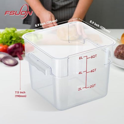 4 Pack 6 Qt Square Polycarbonate Food Storage Containers with Lids | Clear BPA-free PC with lids, side handles, measurement scale and stackable design; for food prep, storage and freezer use. - color: 6Qt
