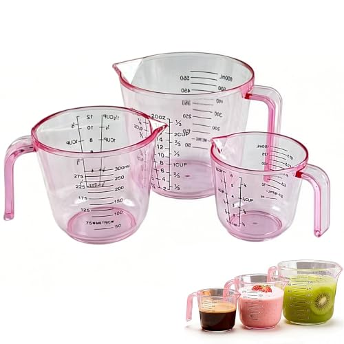 Pink Measuring Cups Set - 3pc 150ml/300ml/600ml，Liquid Measuring Cups for Baking & Cooking with Multiple Scales, with Handle and Triangle Mouth，Cute Pink Kitchen Accessories