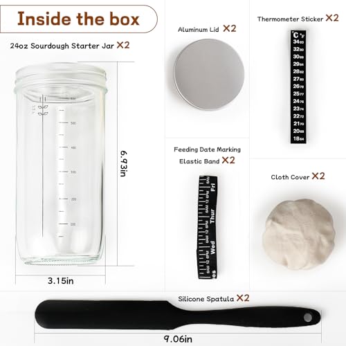 DWTS DANWEITESI Sourdough Starter Jar with Date Marked Feeding Band, Thermometer, Sourdough Fermentation Jar Scraper, Sewn Cloth Cover & Aluminum Lid, Sourdough Starter Kit Reusable(2pcs/24oz) - size: 24oz-2pcs