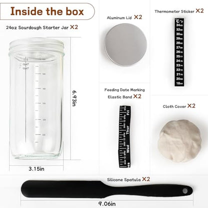 DWTS DANWEITESI Sourdough Starter Jar with Date Marked Feeding Band, Thermometer, Sourdough Fermentation Jar Scraper, Sewn Cloth Cover & Aluminum Lid, Sourdough Starter Kit Reusable(2pcs/24oz) - size: 24oz-2pcs