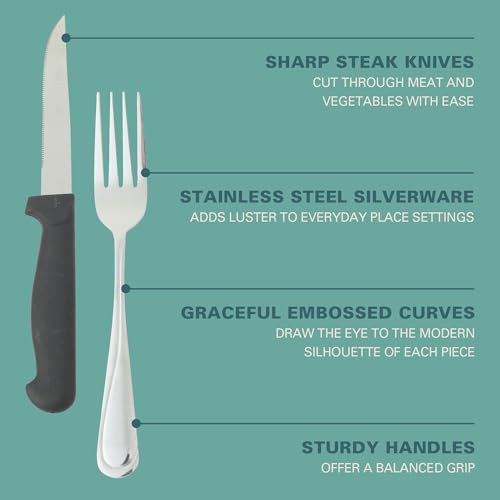 Gibson Home Trillium Plus 24-Piece Stainless Steel Flatware Utensil Set with Steak Knives – Silverware Service for 4 with Teardrop Handle Design - size: Service for 4 (24pcs)