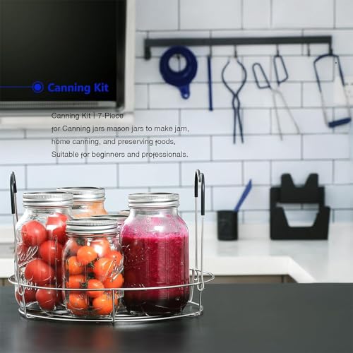 7 Pieces Canning Supplies Kit, Stainless Steel, Blue | Steamer Rack, Canning Funnel, Jar Lifter, Wrench & Tongs, Lid Lifter Bubble Remover Tool - color: Blue