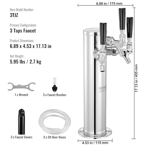 VEVOR Triple Taps Draft Beer Tower Dispenser, Stainless Steel Keg Beer Tower, Kegerator Tower Kit with Pre-Assembled Tubing and Self-Closing Faucet Shanks for Party, Bar, Pub, Restaurant - style: Triple Faucets