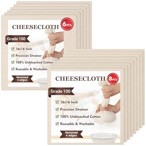 TOPULORS Cheese Cloth,16x16 Inch, Hemmed 4 Edges, Grade 100 Ultra Fine 100% Unbleached Cotton - Reusable Straining & Cooking Cloth for Cheese Making, Nut Milk, Yogurt Strainer, Filter & More (14 PCS)