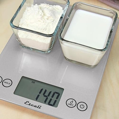 Escali Arti Glass Food Scale Digital Countertop Kitchen, Baking and Cooking Scale with Nutrition and Calorie Counter, 15-Pound Capacity, 9" x 6.5" x .75", Shiny Silver - color: Shiny Silver