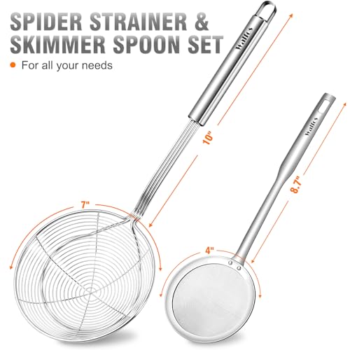Walfos 7 inch Extra Large Spider Strainer - Stainless Steel Fryer Scoop & 4 in Skimmer Spoon, Set of 2 - Kitchen Spider Skimmer Strainer With Handle, For Cooking, Frying, Pasta, Egg, Foam - size: 2 pcs (7" Strainer , 4" Skimmer)