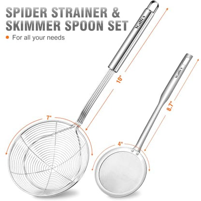 Walfos 7 inch Extra Large Spider Strainer - Stainless Steel Fryer Scoop & 4 in Skimmer Spoon, Set of 2 - Kitchen Spider Skimmer Strainer With Handle, For Cooking, Frying, Pasta, Egg, Foam - size: 2 pcs (7" Strainer , 4" Skimmer)