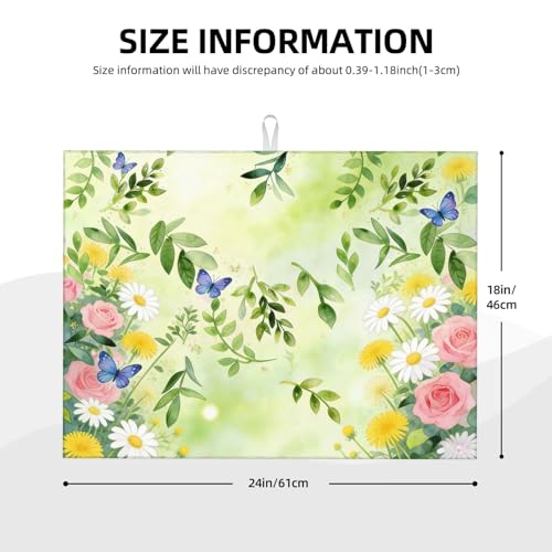 Kitchen Drying Mat for Countertop Fresh Botanical Floral Butterfly Garden Non-Slip Kitchen Counter Mat for Dishes Glassware - color: Light Green