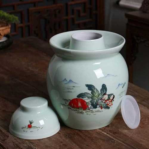 Traditional Chinese Porcelain Pickle Jar, Jingdezhen Ceramic Fermentation Crock Pickling Pot,Fermenting Jar with Water Seal Airlock Lid Stoneware Fermenter for Kimch L*1 - size: Large