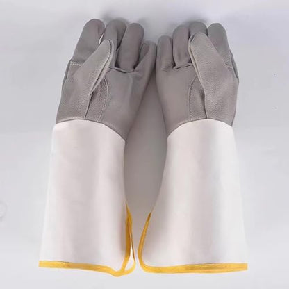 Thick Goatskin Leather Beekeeper's Gloves with Ventilated Long Sleeves Elastic Cuffs,Beekeeping Gloves (Grey & white splicing, S) - color: Grey & White Splicing, size: Small