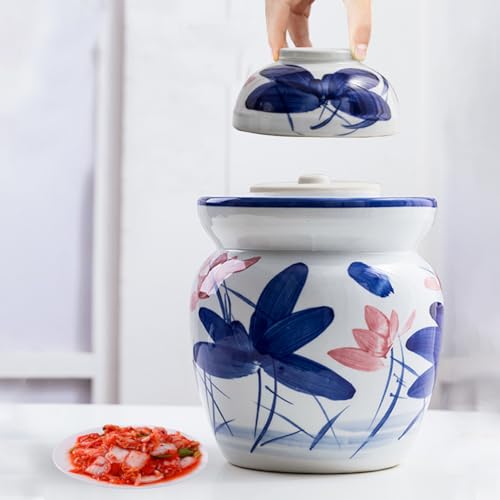 Ceramic Pickle Jar with Lids,Large Traditional Chinese Porcelain Pickle Jar Pickling Jars,Ceramic Fermentation Crock with Water Seal Airlock Lid,Sauerkraut Crock A-7L (B-4L - color: B, size: 4L