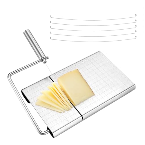 Cheese Slicer Wire Cutter, Stainless Steel Cheese Cutter Board Guillotine with 5 Wire replacements for Block Cheese, Butter, Blue Cheese Multipurpose Slicer (Slicer Board), silver | Cheese Cutter Board Guillotine for Block Cheese, Butter, Blue Cheese Mult
