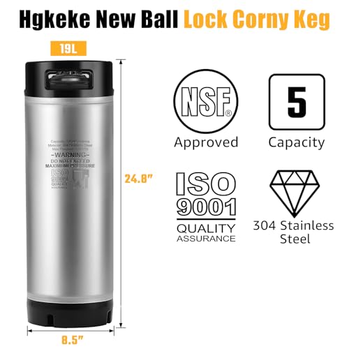 New 5 Gallon Ball Lock Keg, 304SS Corny Keg with Ball Lock Quick Disconnect & Dual Rubber Handles Bottom -Portable Beer Disperse with 2 Lid Gaskets 2 Hose Clamps - Ideal for Homebrew Party
