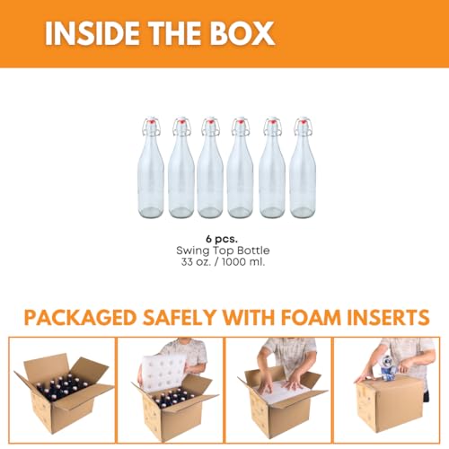 FastRack Swing Top Glass Bottles |33 oz – Pack of 6 | Clear Flip Top Glass Bottles for Home Brewing, Carbonated Drinks, Kombucha, Fermentation, Water | Food Grade – ECO Friendly - size: 6 Pack
