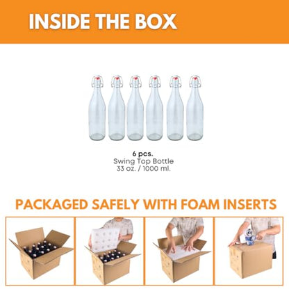 FastRack Swing Top Glass Bottles |33 oz – Pack of 6 | Clear Flip Top Glass Bottles for Home Brewing, Carbonated Drinks, Kombucha, Fermentation, Water | Food Grade – ECO Friendly - size: 6 Pack