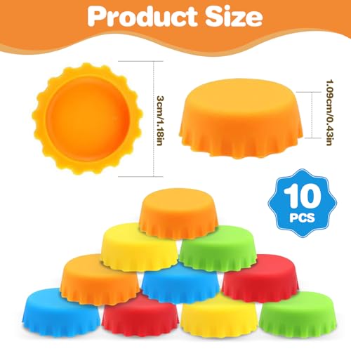 Reusable Beer Bottle Caps, 10 Multicolor Silicone Bottle Caps for Soda & Homebrew, Leakproof, BPA-Free, Dishwasher Safe
