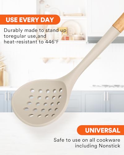 Kitchen Ladle Strainer, Large Slotted Spoon with High Heat Resistant BPA Free, Non Stick Cooking Skimmers For Draining & Frying, 13.2inch (Khaki) - color: Khaki