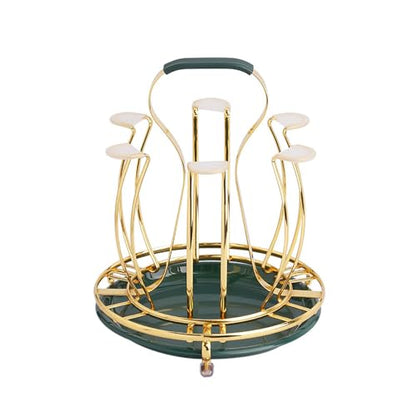Cup Drying Rack Beer Glasses Stand 6 Mugs Metal Drainer Holder Non-Slip Mugs Organizer with Handle for Sink, Coffee Table, Outdoor - color: Green