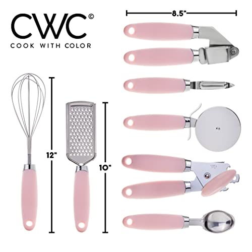 COOK WITH COLOR Kitchen Gadget Set Stainless Steel Utensils with Soft Touch Handles, 7 Pieces, Stainless Steel Pink - color: Stainless Steel Pink