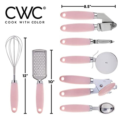COOK WITH COLOR Kitchen Gadget Set Stainless Steel Utensils with Soft Touch Handles, 7 Pieces, Stainless Steel Pink - color: Stainless Steel Pink
