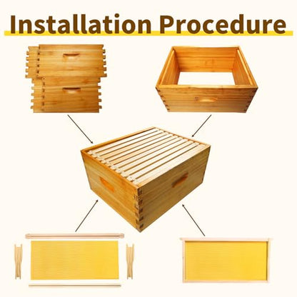 10 Frame Deep Brood Box Langstroth Bee Hive Box Dipped in Beeswax, Sections of Wood for Beehives Include Beehive Frames and Wax Foundations (Yellow Unassembled) - size: Deep 10pack