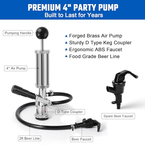 4” Keg Party Pump Keg Tap, D System Beer Keg Pump for US Sankey, Kegerator Tap Stainless Steel Probe Coupler Beer Tap with Beer Line Faucet Hose Clamps for Homebrew Picnic Parties (Silver Clamps)