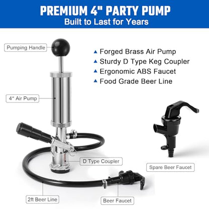 4” Keg Party Pump Keg Tap, D System Beer Keg Pump for US Sankey, Kegerator Tap Stainless Steel Probe Coupler Beer Tap with Beer Line Faucet Hose Clamps for Homebrew Picnic Parties (Silver Clamps)