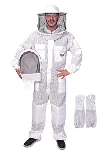 3-Layer Ultra Ventilated Sting Proof Bee Suit for Men & Women – Premium Beekeeping Suit with Bee Gloves & Two Detachable Beekeeping Veils (White 2XL) - color: White, size: XX-Large