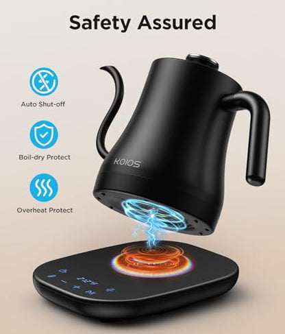 KOIOS Gooseneck Electric Kettle with ±1℉ Temperature Control & Mute Mode, 0.8L Pour Over Kettle for Coffee & Tea, 1200W Quick Heating Stainless Steel Water Boiler with 4Hrs Keep Warm, Matt Black