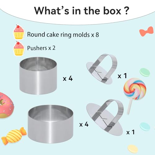 Uncle Jack 8 Pieces Round Cake Ring Molds, Cake Ring Mold Set, with Pusher, for Kitchen Tools, Baking Pastry (Include 4Pcs 3.14inch rings + 4Pcs 2.36inch Rings and 2 Pushers) - size: Round 4 PCS 3 1/8" + 4 PCS 2 3/8"