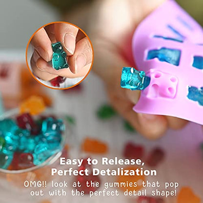 Gummy Bear Molds Silicone 32PCS, Non-stick Chocolate Candy Mold 18 Shapes for 327 Candies, With 4 Droppers, Clean Brush, Storage Box, 20 Wrappers, Including Dinosaur Mini Donut Fruit Animals Shaped - style: Gummy Set - 32PCS