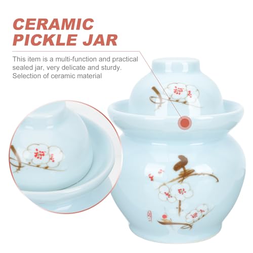 Ceramic Pickle Jar with Double Lid 3l Sauerkraut Storage Jar Traditional Sichuan Kimchi Sealed Crock for Kitchen Food Storage Blue Plum Blossom Pattern
