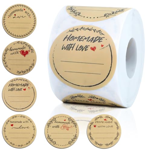 500 Pcs 2″ Round Homemade with Love Kraft Labels with 6 Designs – Multi-Use Stickers for Cookie Bags, Fudge Containers, Canning, Crafts, Organizing, Price Tags & Personalized Gifts - color: Homemade With Love (6 Wreath)