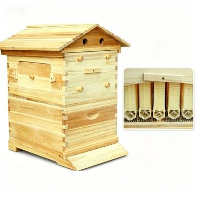 Self-Flow Honey Beehive Box, Natural Pine Wooden Beekeeping Hive Kit with Sloped Rainproof Roof, Reusable Honey Comb Frames for Backyard Beekeeping Supplies