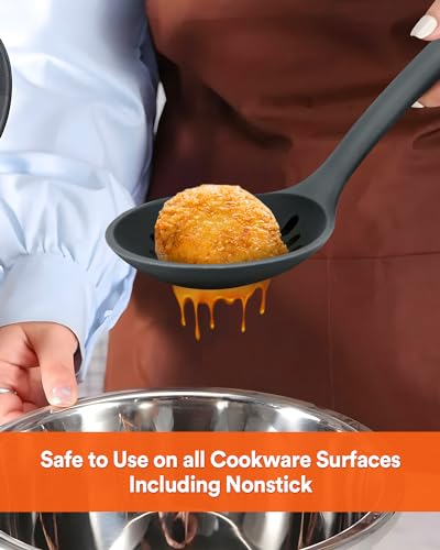 Kitchen Ladle Strainer, Large Slotted Spoon with High Heat Resistant BPA Free, Non Stick Cooking Skimmers For Draining & Frying, 13.2inch (Grey) - color: Gray