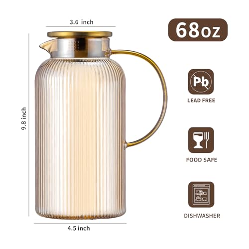 Buaic Glass Pitcher with Lid, 68 oz/ 2 Liter Amber Classic Vertical Stripes Water Pitcher,Glass Water Carafe for Cold Brew, Coffee, Lemonade, Iced Tea,Beverage, Heat Resistant Water Glass Jug - color: Amber, size: 68 Ounces