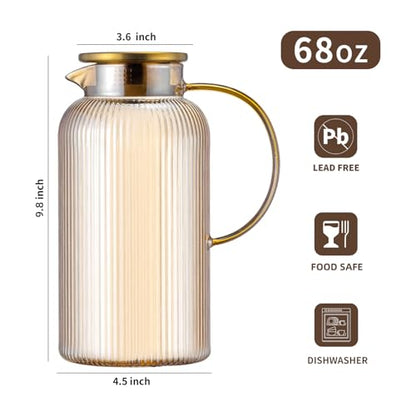 Buaic Glass Pitcher with Lid, 68 oz/ 2 Liter Amber Classic Vertical Stripes Water Pitcher,Glass Water Carafe for Cold Brew, Coffee, Lemonade, Iced Tea,Beverage, Heat Resistant Water Glass Jug - color: Amber, size: 68 Ounces