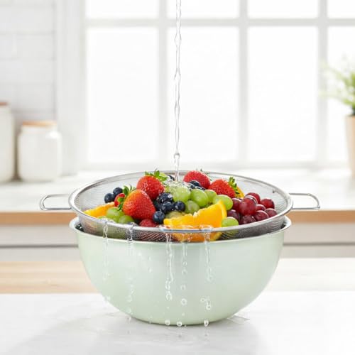 304 Stainless Steel Rice Washing Bowl and 40 Mesh Strainer Set, 3.5QT | 40-mesh strainer helps prevent grain loss while measurement marks and sturdy handles make rinsing and draining easier. - color: Green