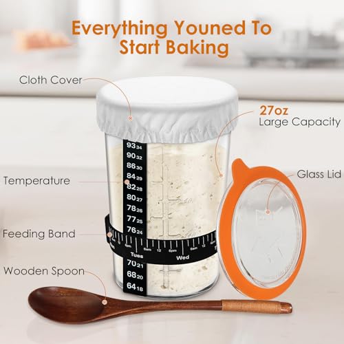 TOKPELA Sourdough Starter Jar Glass, Wide Mouth Sourdough Starter Jars, Sourdough Starter Kit with Wooden Spoon, Cloth Cover, Glass Lids, Sourdough Starter Jar 27oz for Sourdough Bread Baking Supplies - color: Sourdough Starter Jar