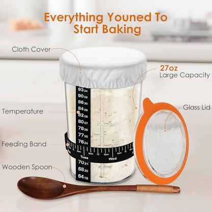 TOKPELA Sourdough Starter Jar Glass, Wide Mouth Sourdough Starter Jars, Sourdough Starter Kit with Wooden Spoon, Cloth Cover, Glass Lids, Sourdough Starter Jar 27oz for Sourdough Bread Baking Supplies - color: Sourdough Starter Jar