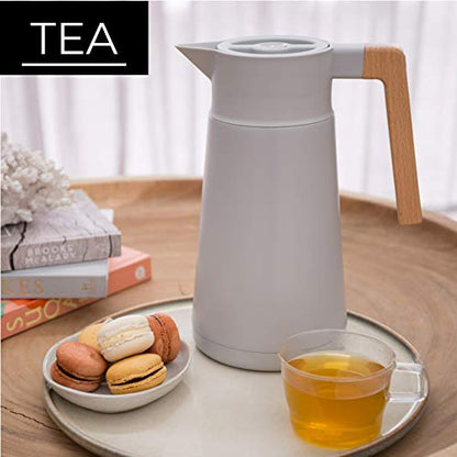 Thermal Coffee Carafe 68 Oz - Stainless Steel Insulated with Tea Infuser | Keeps Hot 12 Hours, Double Walled Vacuum, German Beechwood Handle, BPA-Free, 2 Liter Beverage Dispenser Thermos, Gray - color: Gray