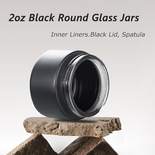 OverNews 2oz Black Glass Jar Travel Size, 45PCS Empty Cosmetic Lotion Container with Black Lid & Spatula, Small Mini Jar for Beauty - color: HBlack, size: 45