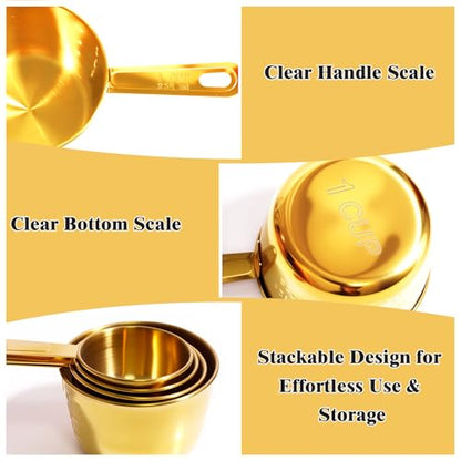13pcs Gold Stainless Steel Measuring Cups and Spoons Set, 8 Double-Sided Magnetic Measuring Spoons Set & 4 Metal Measuring Cups & 1 Leveler for Kitchen Dry & Liquid Cooking Baking - color: Gold